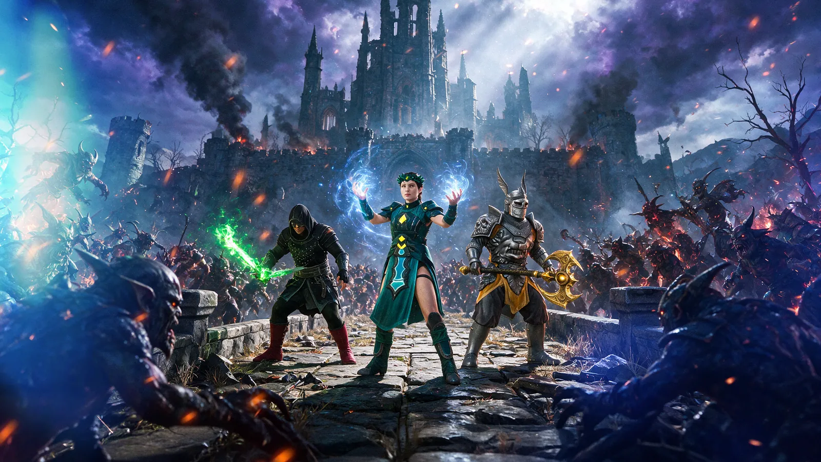 A warrior, a mage and an assassin face a demon horde before a dark cathedral.