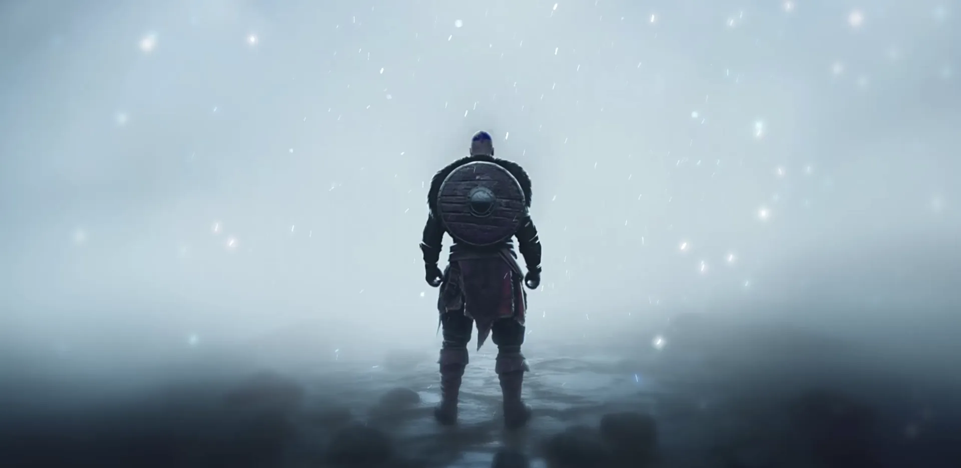 A warrior with a shield faces a giant dragon rising from the fog in Evil Lands.