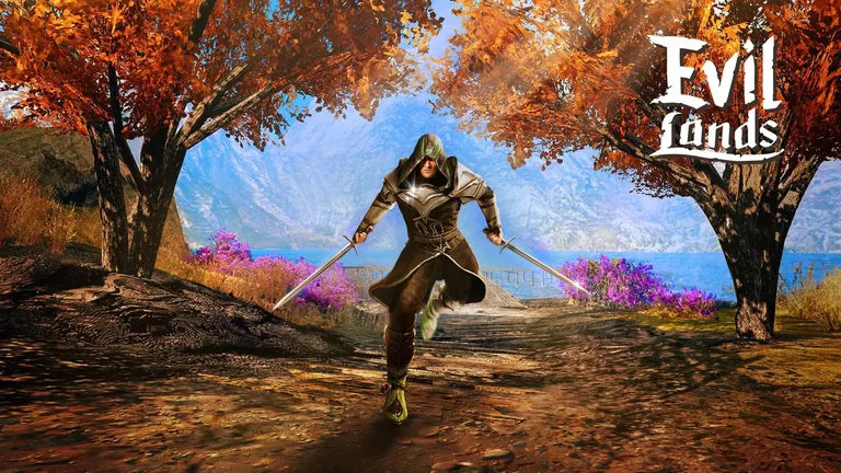 An assassin with two swords runs along an autumn path by a lake.