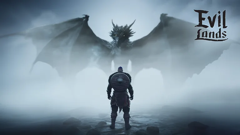 A warrior with a round shield faces a giant dragon in the fog.