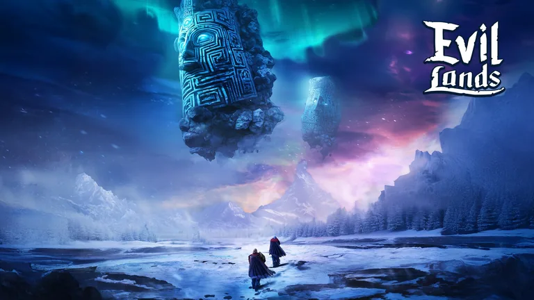 Two travellers cross a frozen valley under floating stone heads and northern lights.