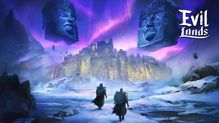 Two warriors walk toward a glowing frozen citadel guarded by floating stone heads.