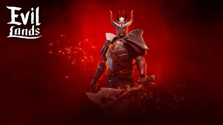 A knight in a horned helmet holds a burning axe against a red background.