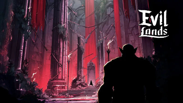 A huge silhouette watches a lone fighter in a ruined red cathedral.