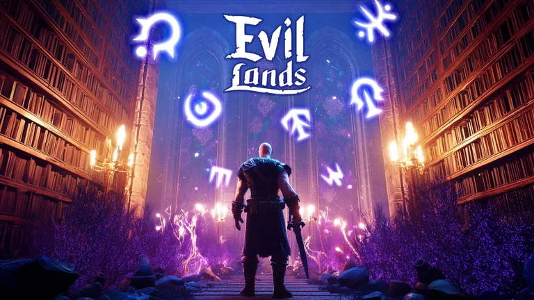 A warrior walks down a candlelit library under glowing runes.