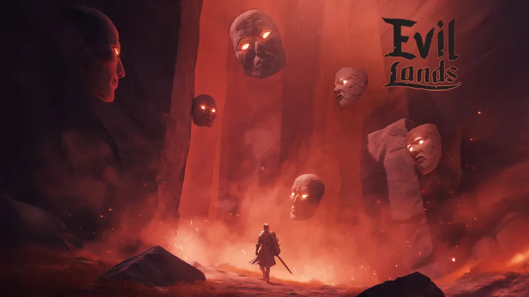 A knight walks through a red canyon under floating stone faces.