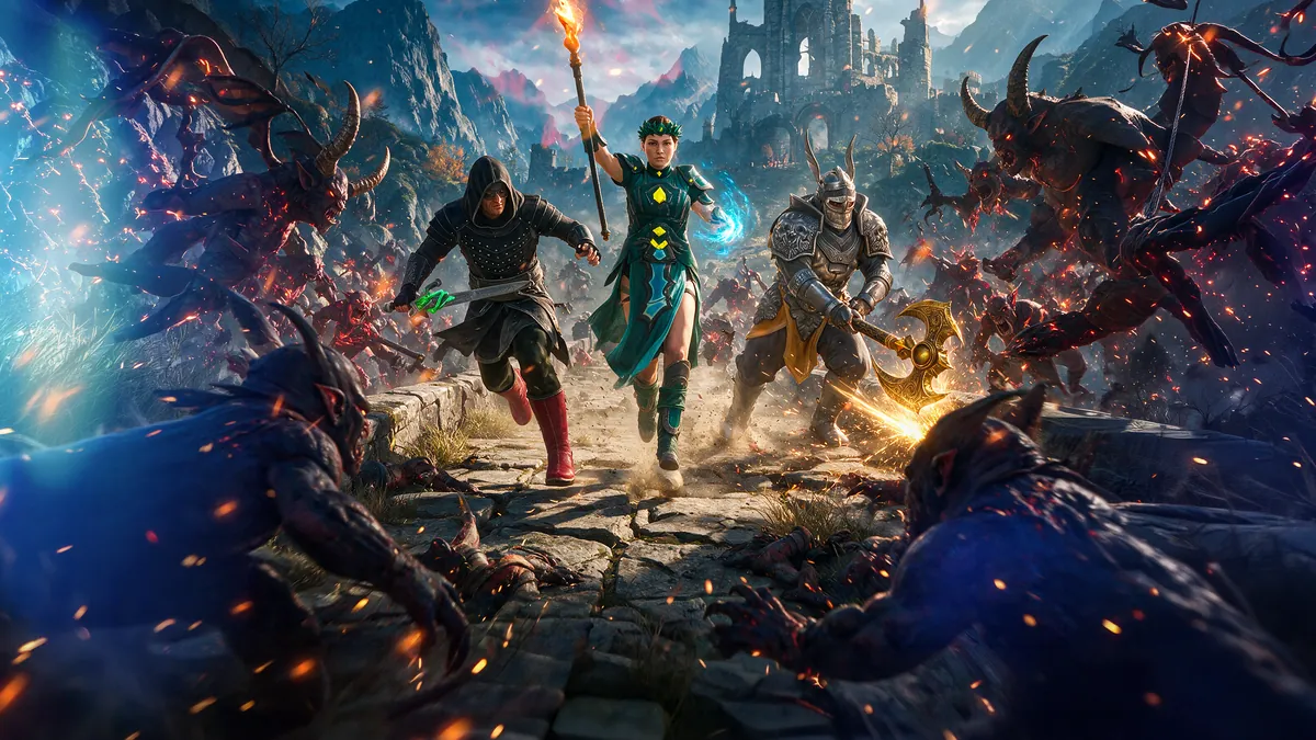 Three Evil Lands heroes charge into a demon horde together.