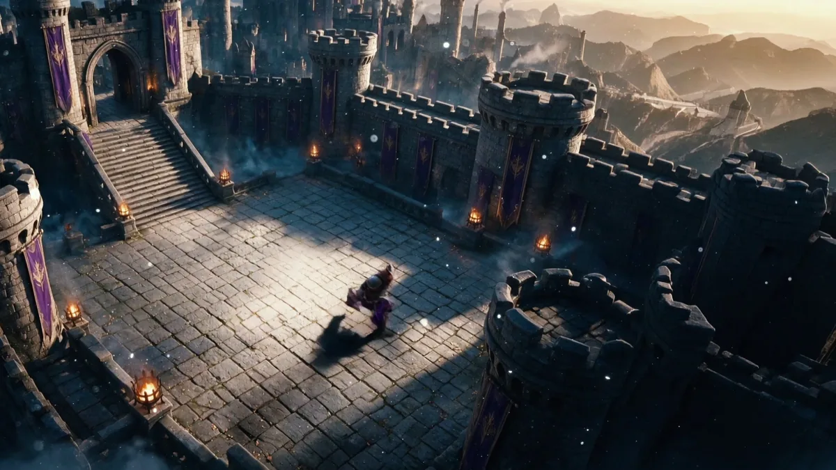 A fighter enters a torch-lit castle courtyard, ready for a duel.