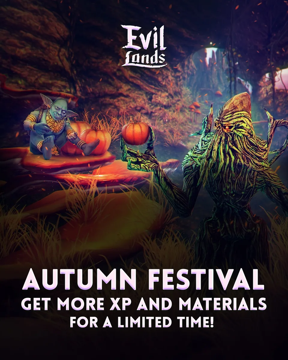 Autumn Festival poster: a goblin and a tree creature with pumpkins, more XP and materials for a limited time.
