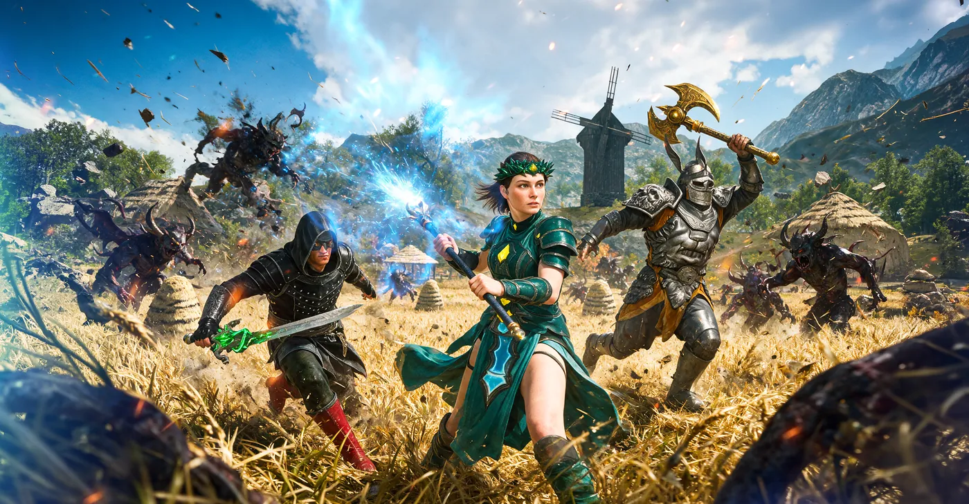 A warrior, a mage and an assassin charge through a field of monsters.