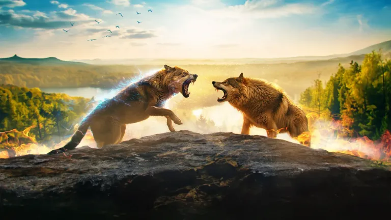 Two wolves clash on a cliff edge, one crackling with blue energy, the other with fire.