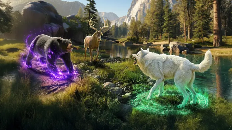 A white wolf and a bear with glowing auras face each other by a mountain lake while a deer watches.