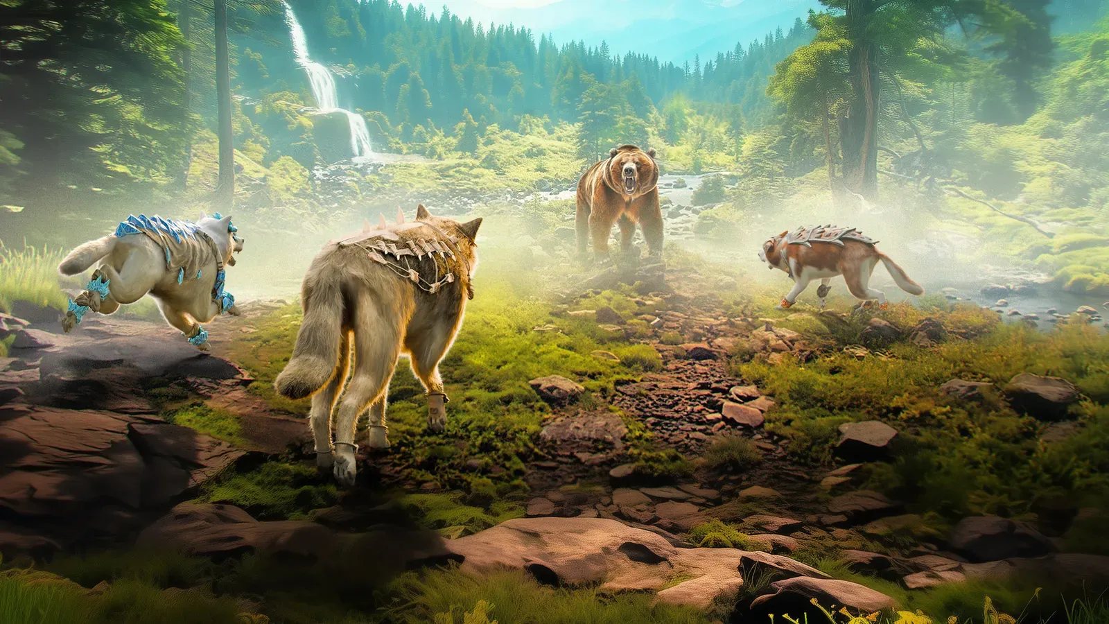 A wolf pack in armor crosses a meadow toward a bear, with a waterfall behind.