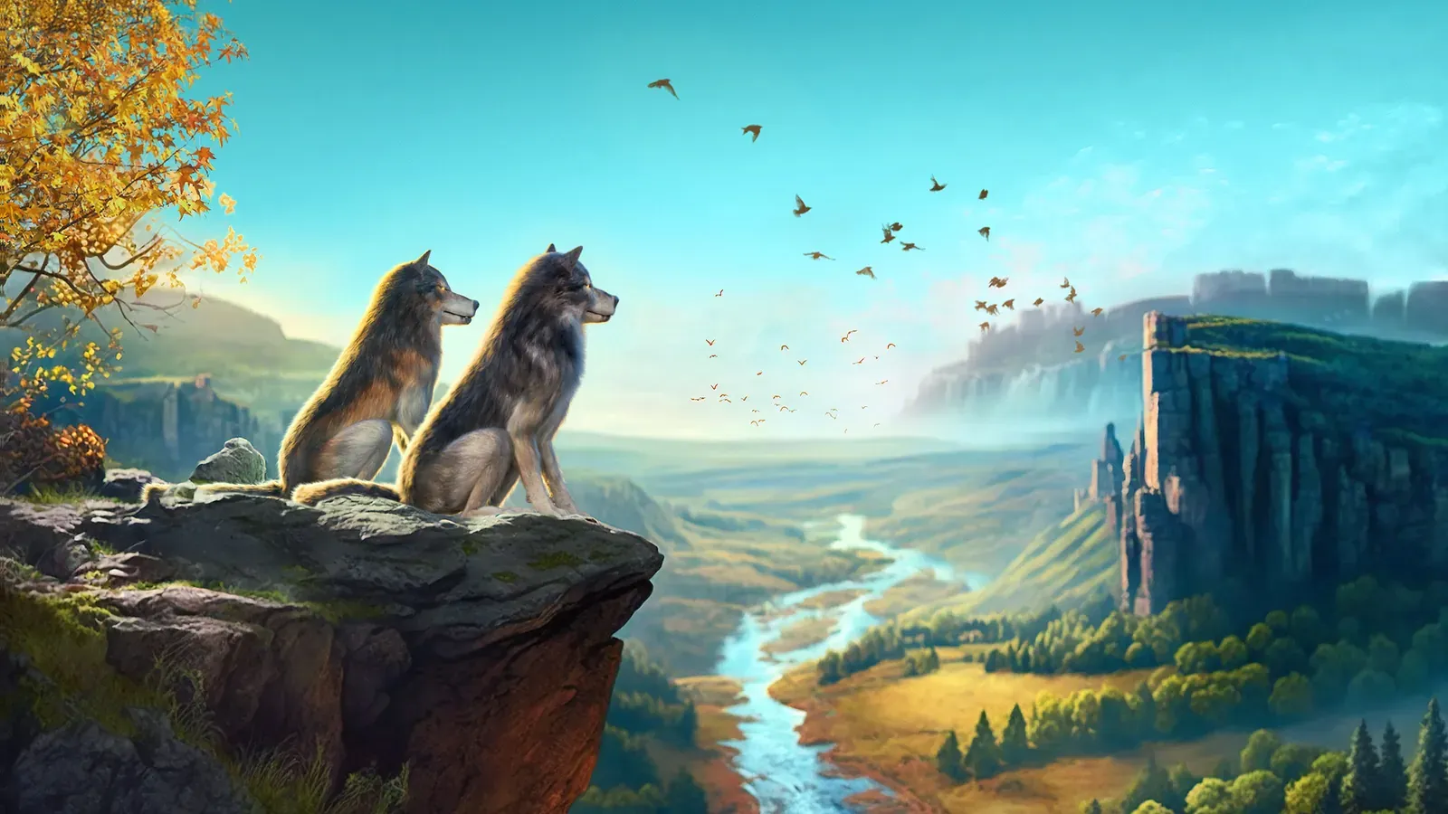 Two wolves on a cliff look over a river winding through a green valley.