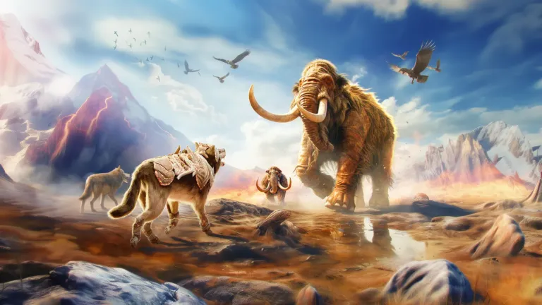 An armored wolf pack faces a charging mammoth in a volcanic land.