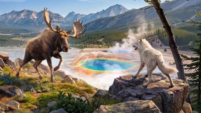 A white wolf faces a bull moose above a steaming rainbow hot spring in a mountain valley.
