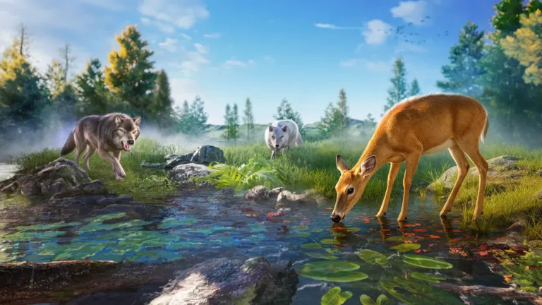 Two wolves stalk a deer drinking at a lily pond in a sunny forest.