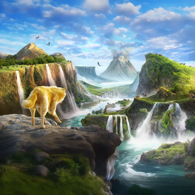 A golden wolf stands on a rock above a valley of waterfalls and a smoking volcano.