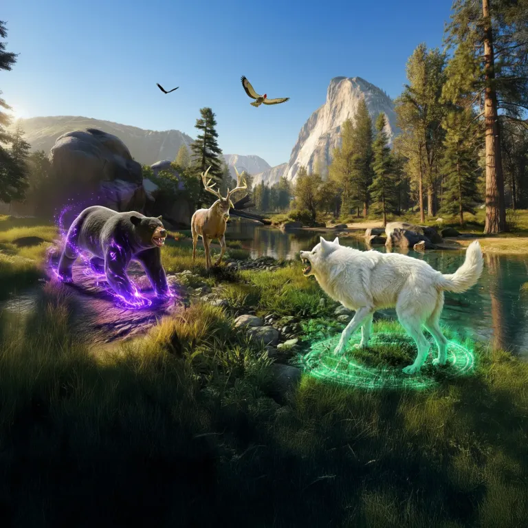 A white wolf and a bear with glowing auras face each other by a mountain lake while a deer watches.
