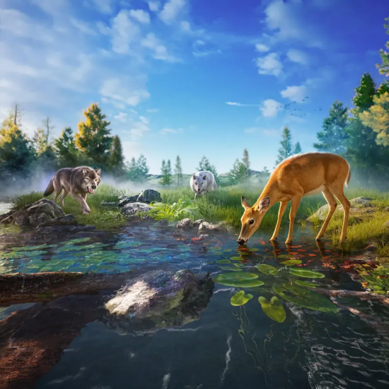 Two wolves stalk a deer drinking at a lily pond in a sunny forest.