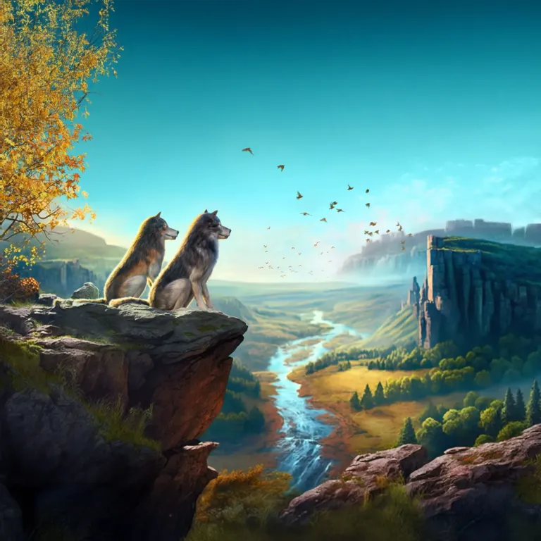 Two wolves on a cliff look over a river winding through a green valley.
