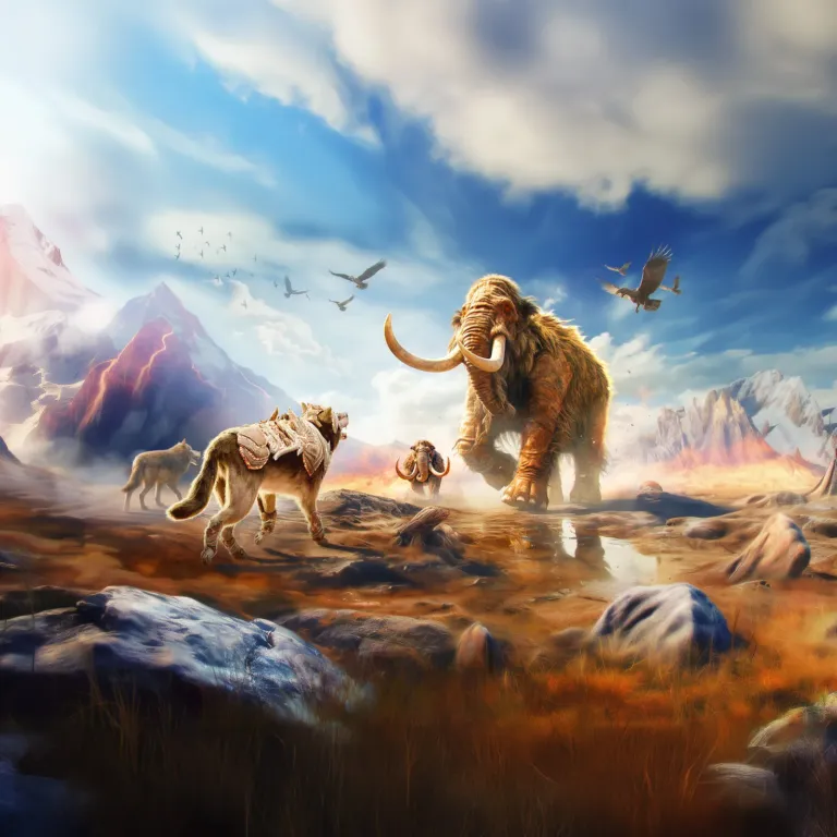 An armored wolf pack faces a charging mammoth in a volcanic land.