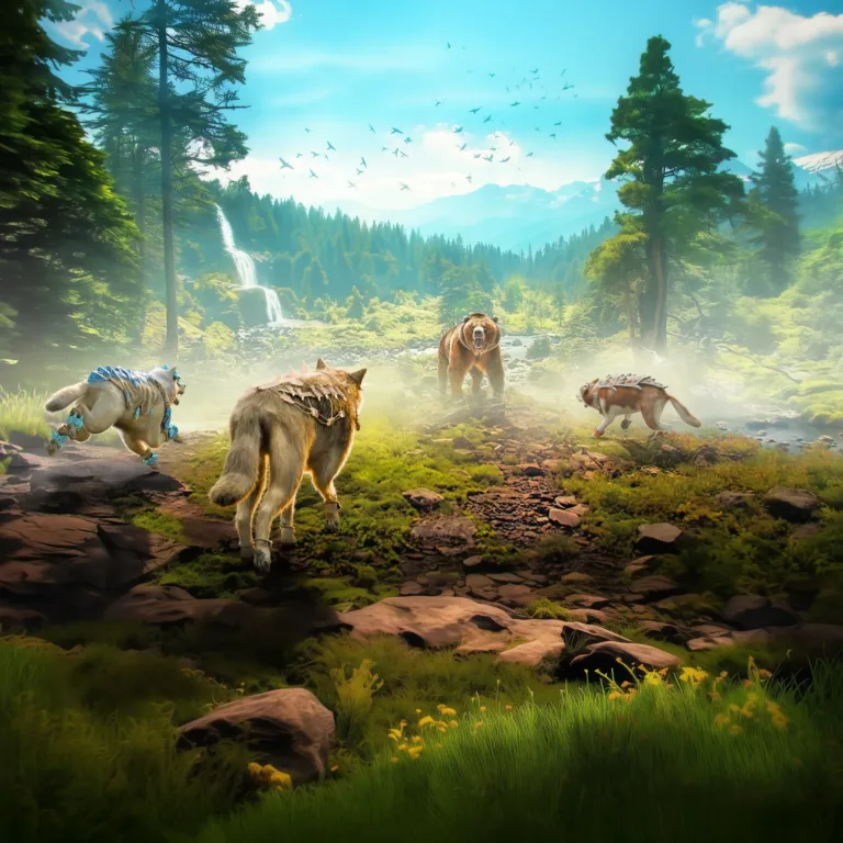 A wolf pack in armor crosses a meadow toward a bear, with a waterfall behind.