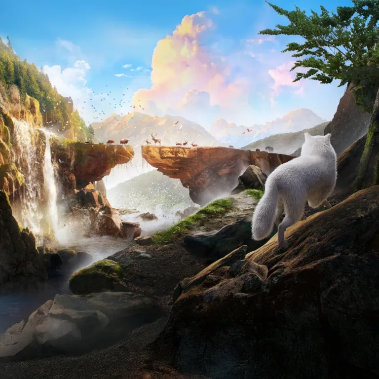 A white wolf climbs a rocky path toward waterfalls and a stone bridge full of animals.