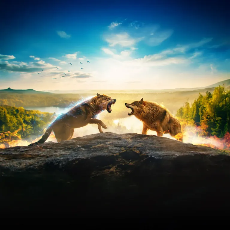 Two wolves clash on a cliff edge, one crackling with blue energy, the other with fire.