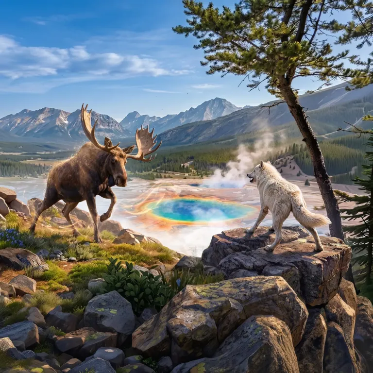 A white wolf faces a bull moose above a steaming rainbow hot spring in a mountain valley.