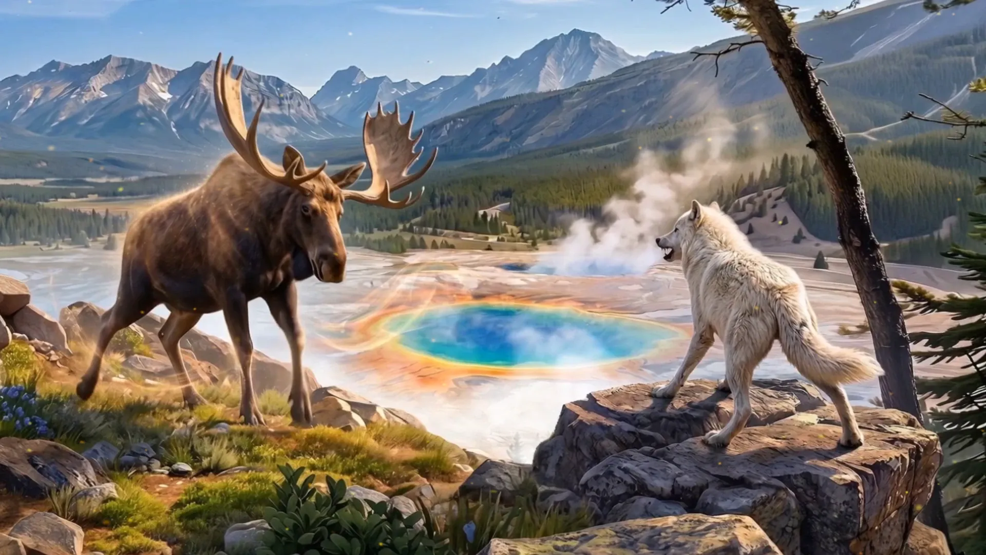 A white wolf from The Wolf online RPG faces a bull moose above a mountain hot spring