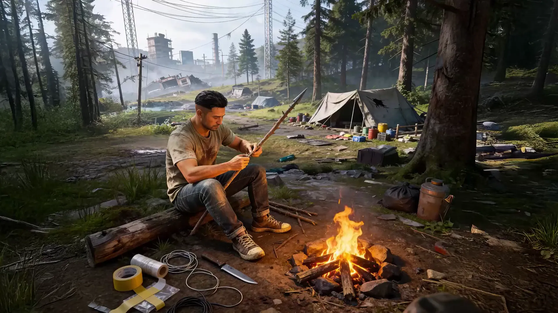 A survivor in a forest camp by a campfire, with a ruined power plant in the distance.