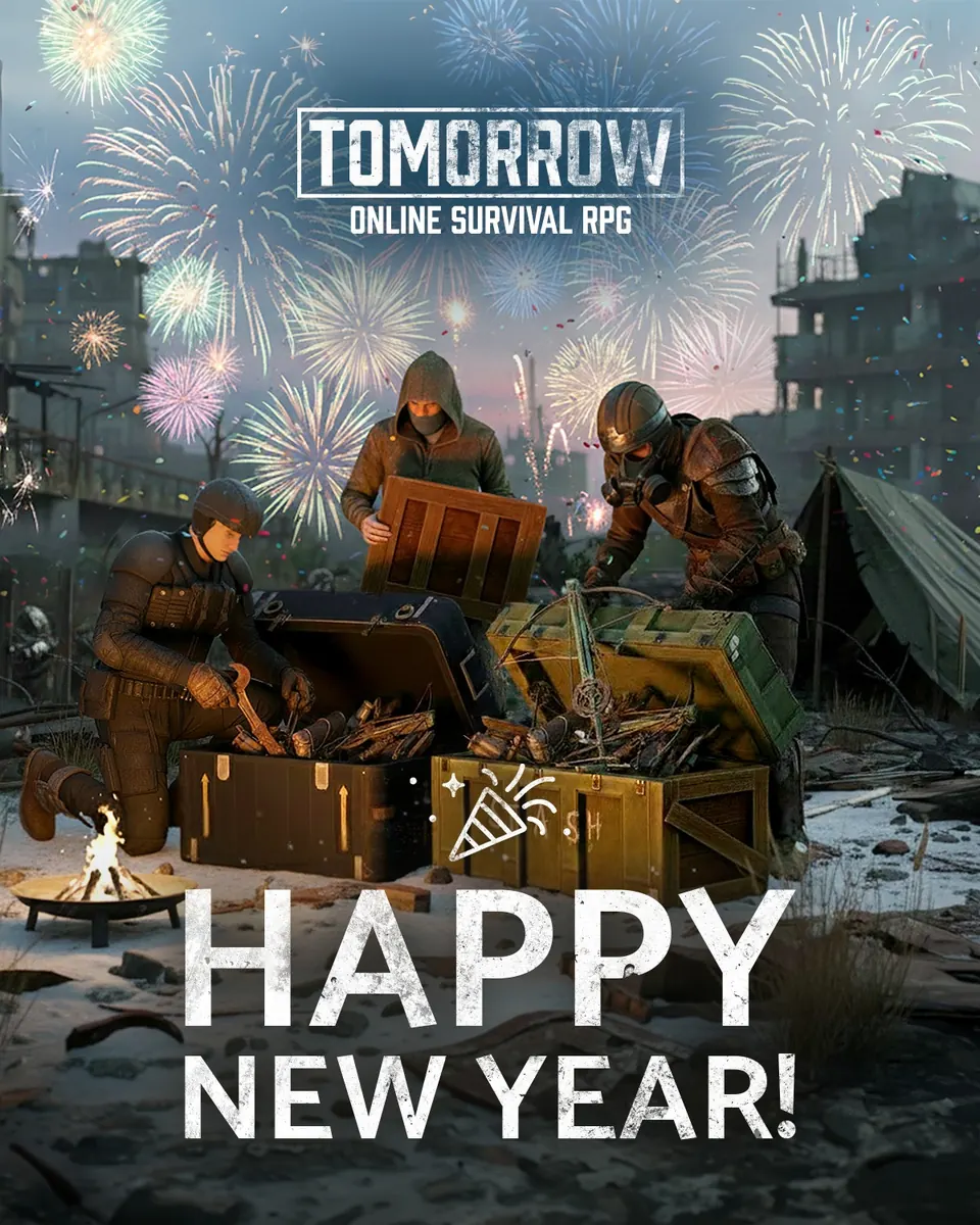 Happy New Year poster with survivors opening crates under fireworks.