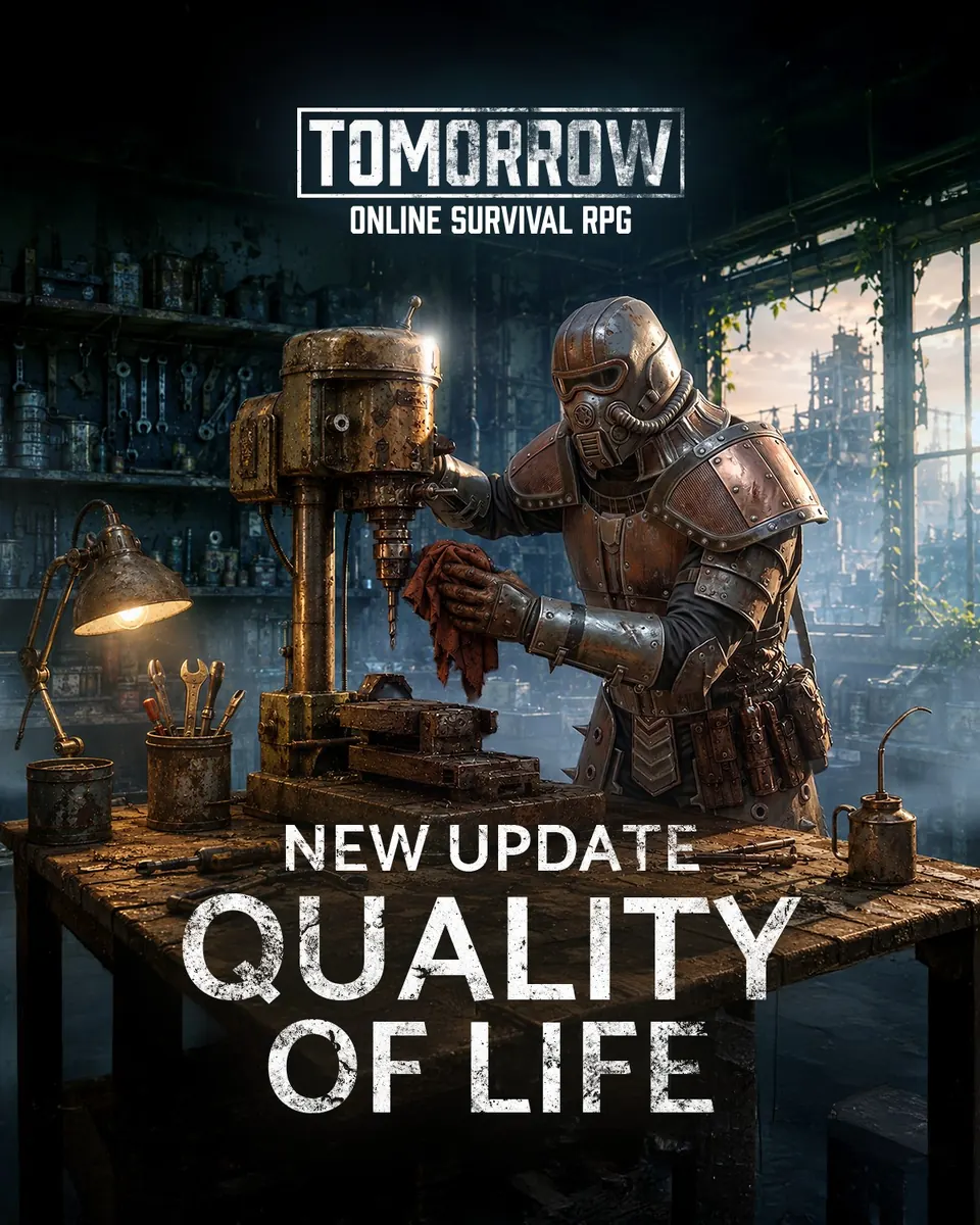 Quality of Life update poster with a survivor at a workbench.