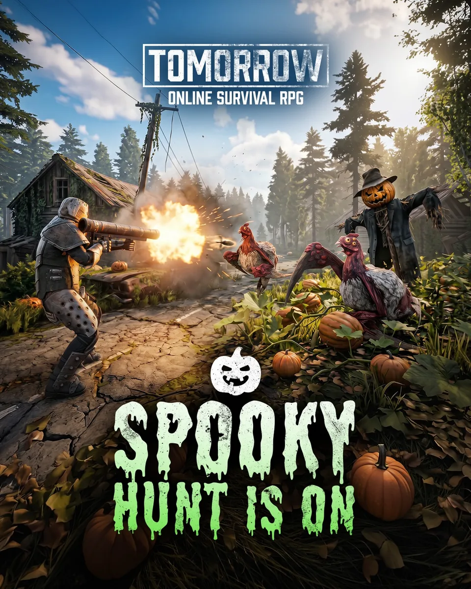 Spooky Hunt poster: a survivor fires a rocket launcher at mutated turkeys in a pumpkin patch next to a scarecrow.