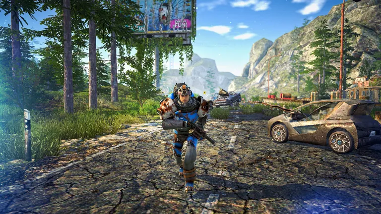 An armed survivor runs down a cracked mountain road past a wrecked car.
