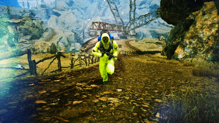 A survivor in a yellow hazmat suit runs along a quarry path.