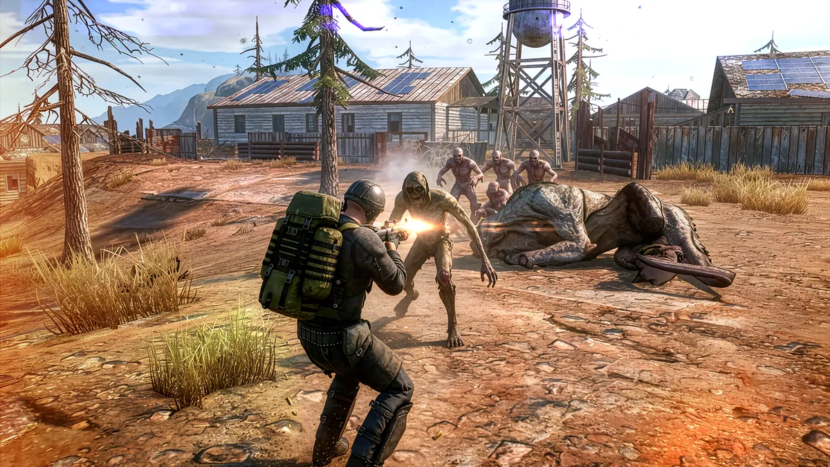 A survivor with a backpack fights off mutants at an abandoned outpost.