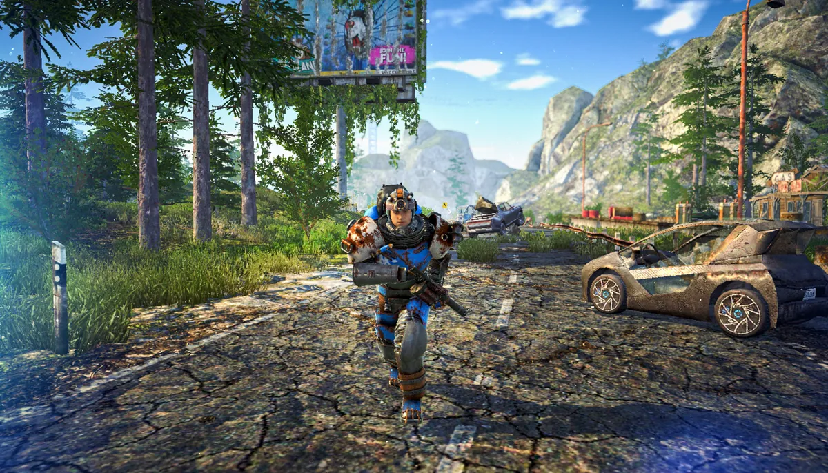 An armed survivor runs down a cracked mountain road past a wrecked car.
